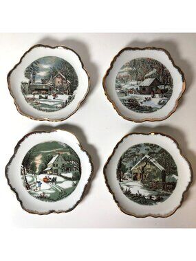 Set Of 4 Currier & Ives Winter Homestead Scalloped Plates Gold Trim  Vintage Col